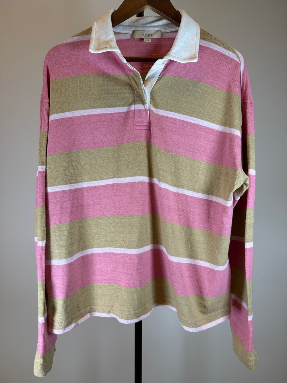 LOFT Pink and Tan Rugby Stripe Polo Top | Size L - Picture 3 of 10